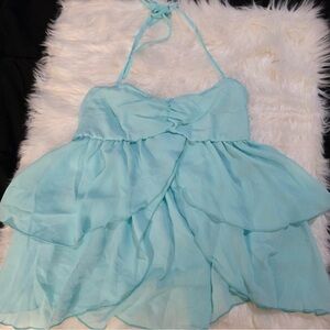 Mint Green Babydoll Dress Halter Top with Ruffles size L